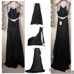 Fame and Partners Black Satin Sleeveless Halter Top & Maxi Skirt Train Set